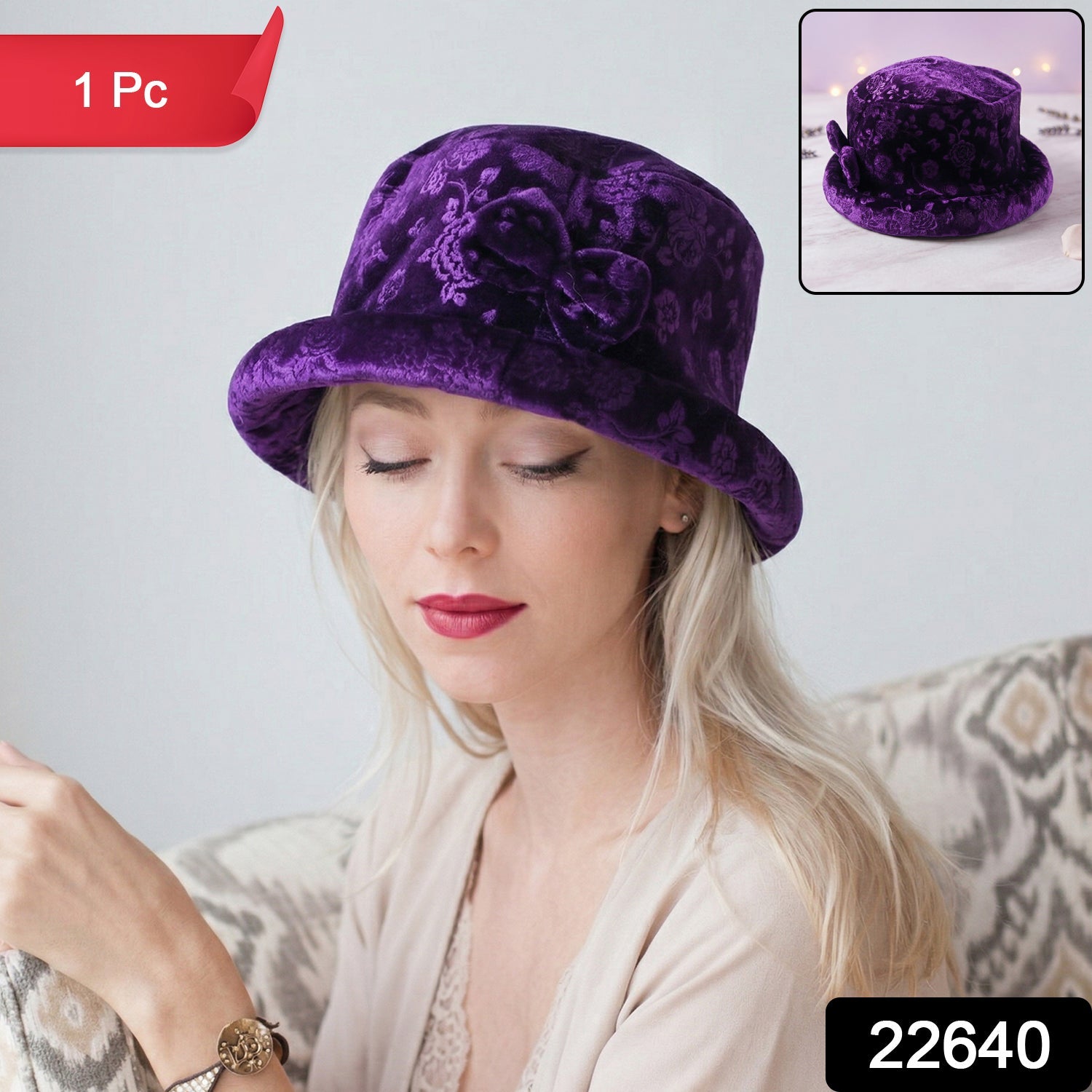 Luxurious velvet floral bucket hat in white background