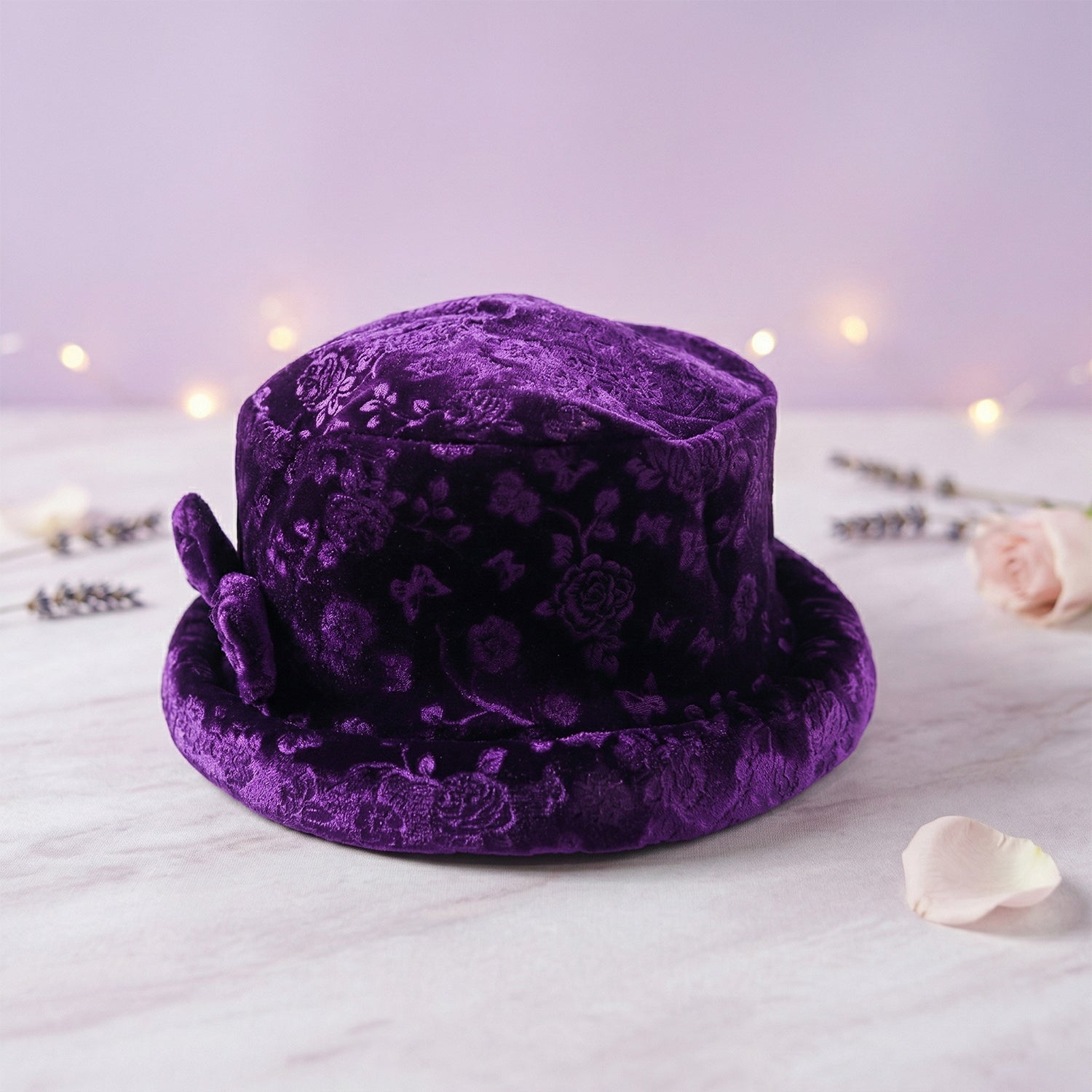 Side angle of velvet winter bucket hat