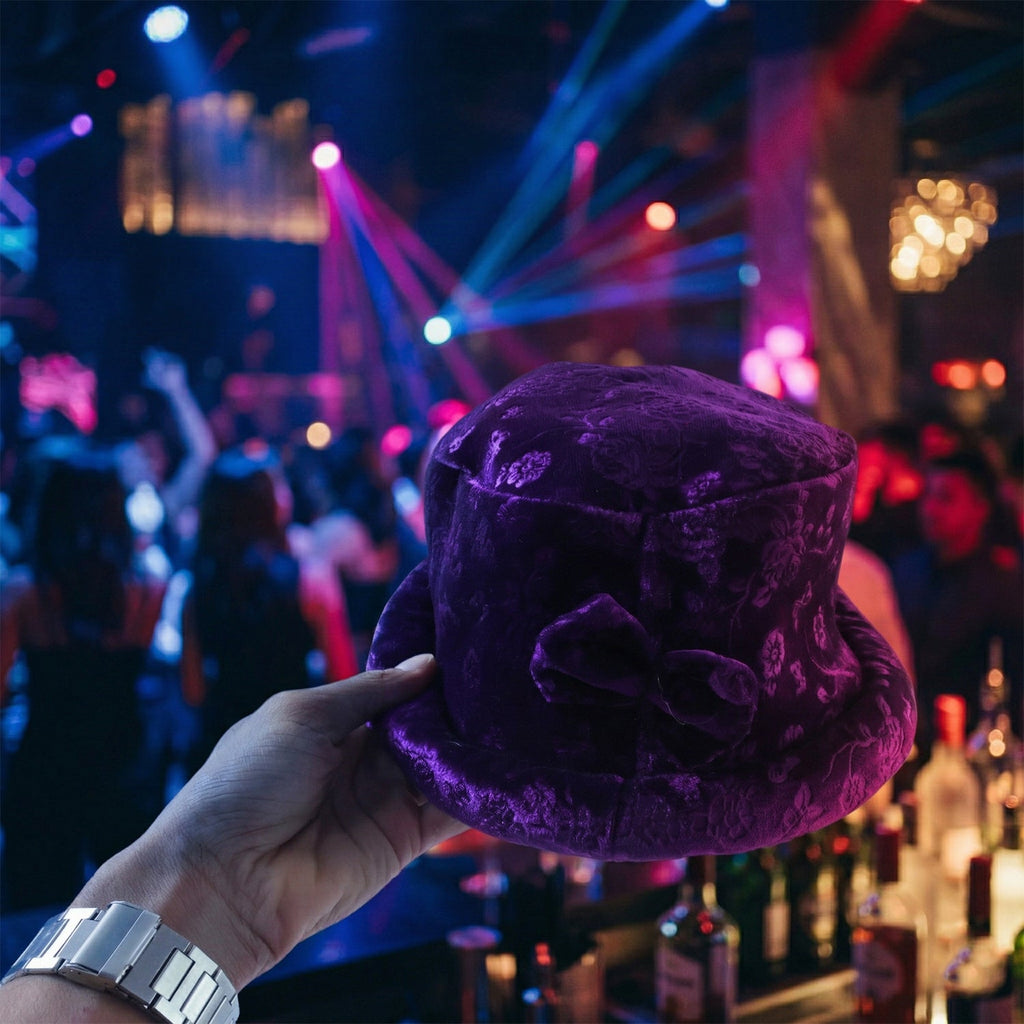 Velvet floral bucket hat styled with winter outfit
