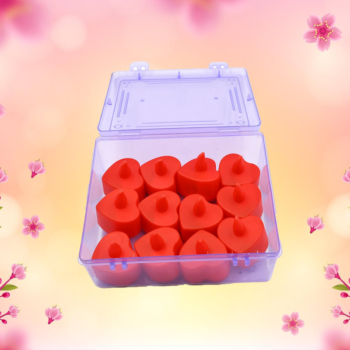 Close-up of vibrant multi-color LED Heart Diya Candles glowing brightly.