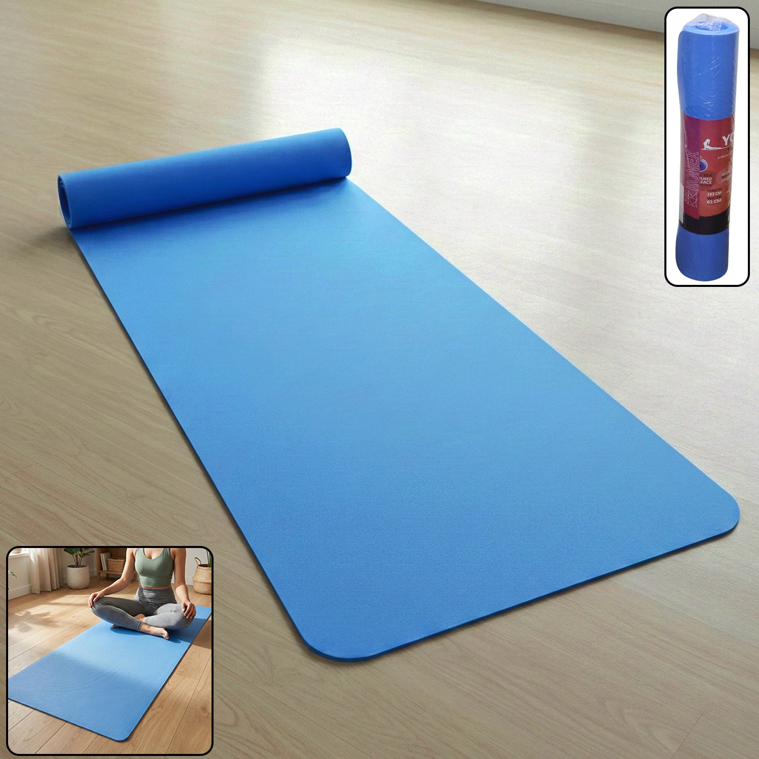 Blue non-slip yoga mat with textured surface for stability