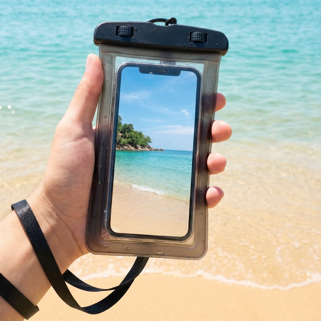 Angled shot of waterproof phone case in use