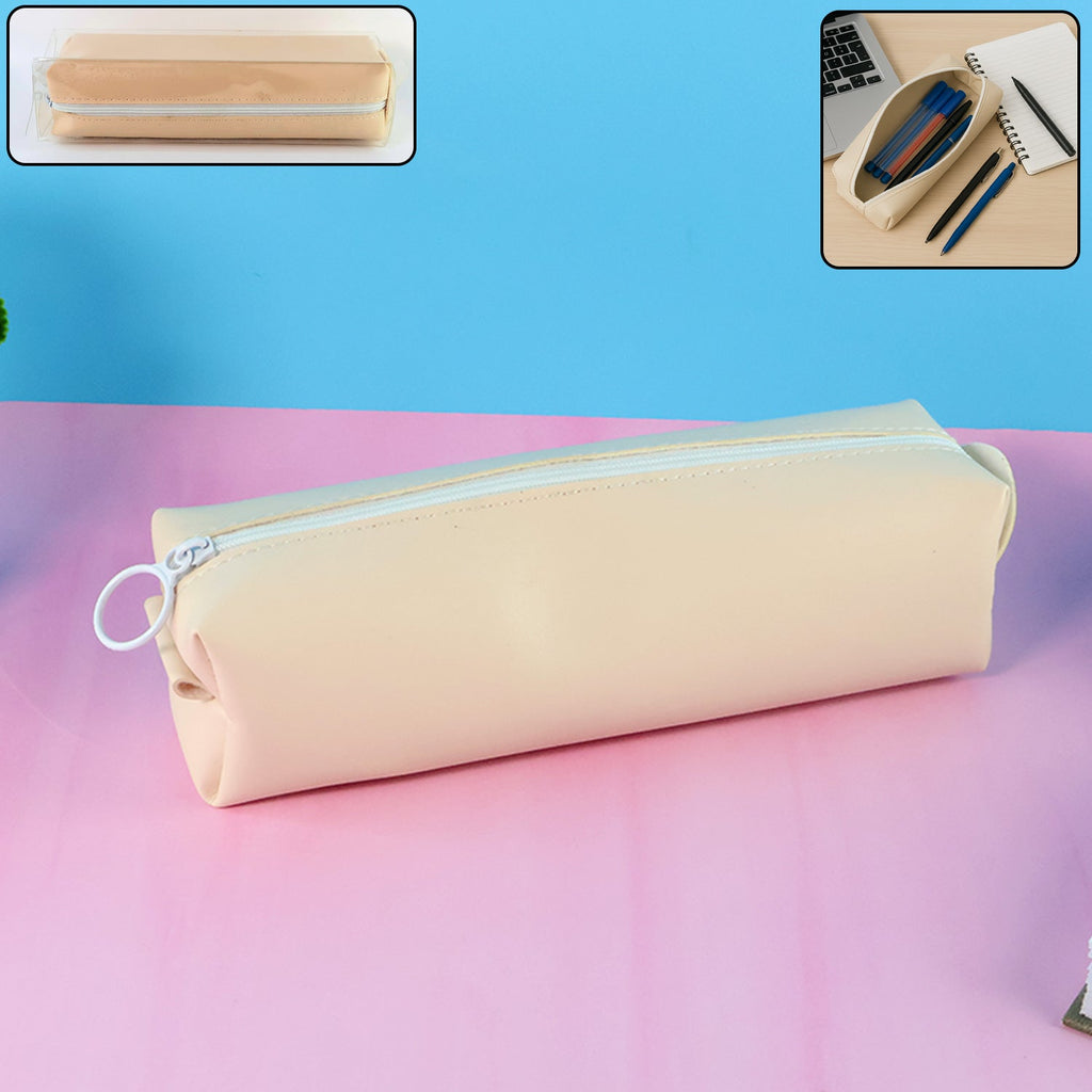 Slim PU leather pencil pouch with a smooth zipper, perfect for organizing stationery.