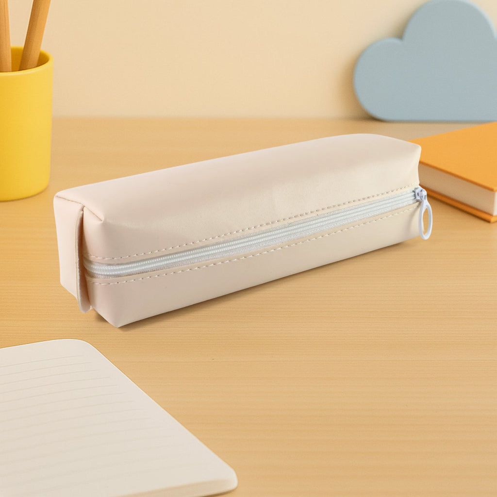 PU leather pencil pouch with the zipper open, revealing organized pens and pencils.