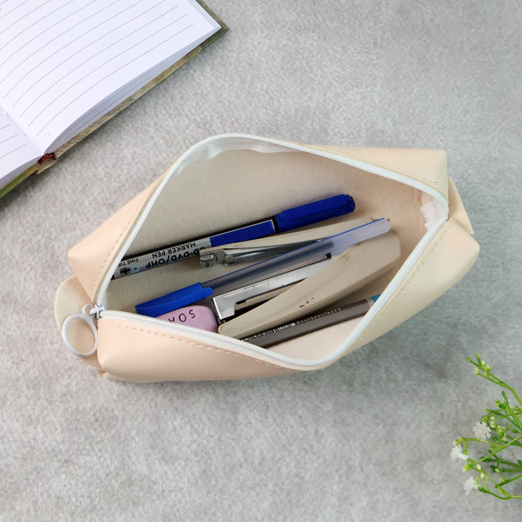 Stylish PU leather stationery case with durable stitching and a compact design.